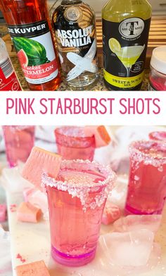 the pink starburst shots are ready to be served with vodka and lemonade