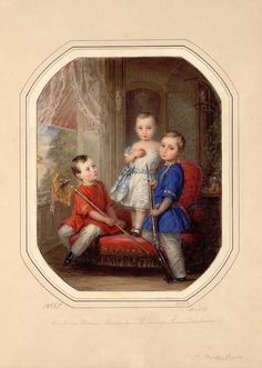 an old painting of three children in a room with a red chair and white wall