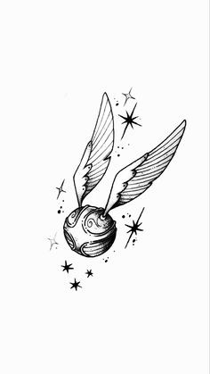 an ink drawing of a harry potter's flying ball with stars on the side