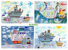 three pictures of boats in the water with birds flying around them and one drawing of a ship