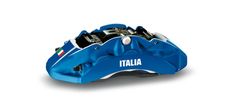 the front brake cover is blue and has white letters on it, which reads italia