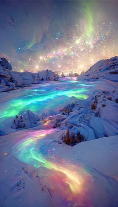 the aurora bore is glowing brightly in the sky above snow covered ground and trees, with bright