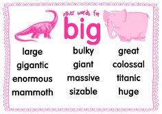 the words for big are in pink and white with an image of two elephants, one elephant