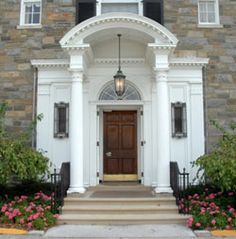 Stone with portico Stone Front House, Grey Stone House, Wood Doors White Trim, House Entrance