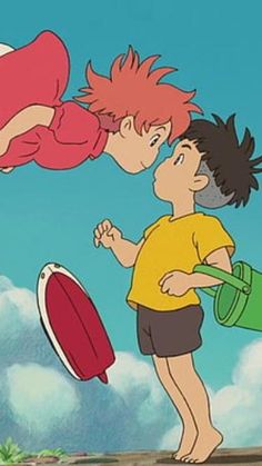 two young boys kissing each other in front of the sky with clouds and blue sky behind them