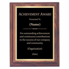 an award plaque with the words, achievement to name for outstanding achievement and continuous congratulations