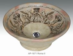 "ROMA II" Shown on AP-1671 white Valencia vessel 16-1/2"x6-1/4". This design is available in any of our sinks. You can customize the design using colors to match your specific décor. Décor, Decorative Bowls, Decor Design, Decor, Interior Decorating, Custom Design