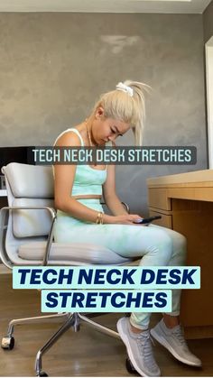 a woman sitting on top of an office chair in front of a desk with the words tech