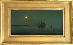 a painting of a sailboat on the water at night with a full moon in the background