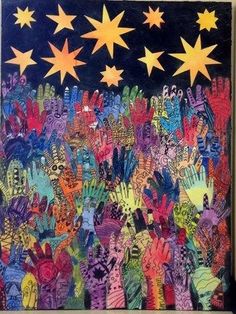 a painting with many stars and hands on it