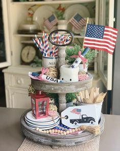 Patriotic Decor / Tiered tray decor / USA / Fourth of July | Etsy American Flag, Patriotic Decorations, Fourth Of July Decor, 4th Of July Decorations, Tiered Tray Decor, Farmhouse Decor, Wood Tags