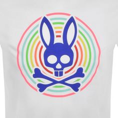 Psycho Bunny Andrew Crew Neck Short Sleeved T Shirt In White A classic jersey t shirt with a ribbed crew neckline and short sleeves. The signature multi coloured Psycho Bunny logo is printed on the centre of the chest in flourescent pink blue green yellow orange and red. The signature Psycho Bunny pinch tag is woven into the left side seam in navy and white. Top stitch detail on all the seams in white. 100% Pima Cotton. Clothing, Shorts, Printed, Centre, Logos, T Shirt, Crew Neck