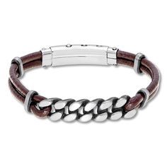 A stainless steel curb chain connects to brown leather cords in this rugged men's bracelet. The bracelet adjusts to 8.5, 9, or 9.5 inches in length. Bracelets, Leather Bracelet, Mens Leather Bracelet, Bracelets For Men, Mens Bracelet, Brown Leather Bracelet, Adjustable Jewelry, Mens Jewelry