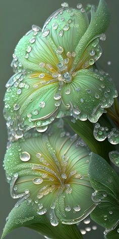 two green flowers with water droplets on them