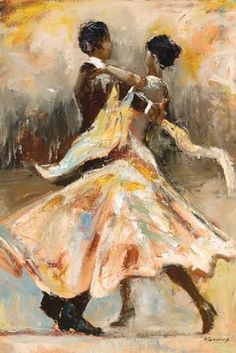 an oil painting of two people dancing