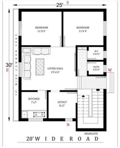 the floor plan for a small house with two bedroom and an attached bathroom, which is also