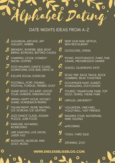 Looking for some ideas for date night? Why not try Alphabet Dating? This post has tons of date night ideas from A-Z so you and your significant other can go on 26 dates, one every other week. Creative Dates, Couple Activities, Dating, Romantic Date Night Ideas, Alphabet Dating