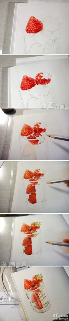the process of painting red flowers with watercolors is shown in three different stages