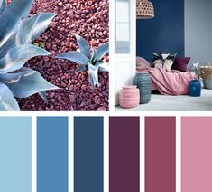 the color scheme is blue, pink and purple with an assortment of plants in it