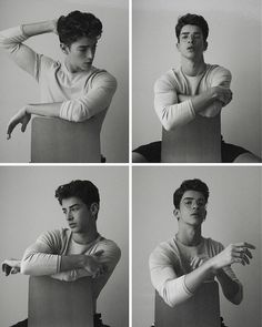 four different shots of a young man with his arms crossed and looking at the camera