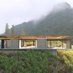 the house is surrounded by tall grass and mountains