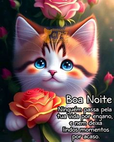 a cat with blue eyes is holding a rose in its paws and the words boa noite written on it