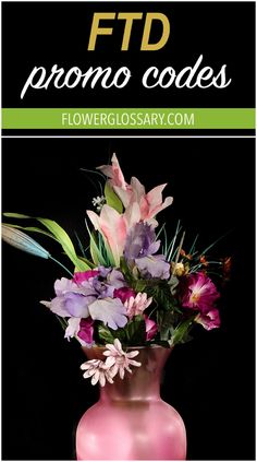 a pink vase filled with lots of flowers on top of a black background and the words fd prono code above it