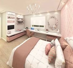 a bedroom with pink and white decor in it