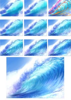 several images of the same wave in different stages of creation, with each one being colored