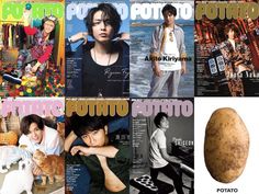 an image of magazine covers with people and animals on the front cover, including a potato