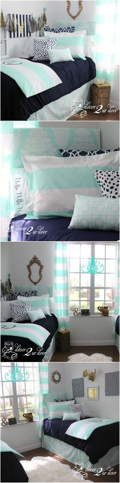 three different shots of a bedroom with blue and white bedding, windows, and curtains