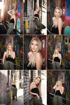 a collage of photos shows a woman posing in front of graffiti covered walls and leaning against a brick wall