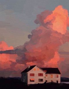 an oil painting of a house in the middle of a field with clouds above it