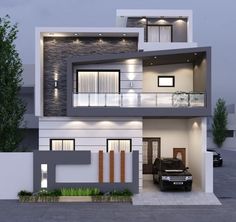 a modern style house is shown in the evening