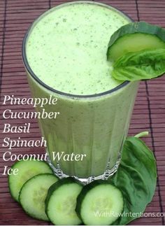 a smoothie with cucumber, basil, spinach and coconut water