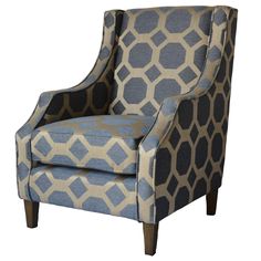 an upholstered blue and beige chair with geometric pattern