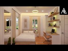 an artist's rendering of a bedroom with a bed and desk