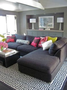 modern gray living room design with charcoal gray sectional sofa and Jonathan Adler black Greek key rug by Brenda Olmsted. I NEED THIS COUCH Apartment Living, Home, Grey Sectional Sofa, Sectional Sofa, Microfiber Sectional Sofa, Rugs In Living Room