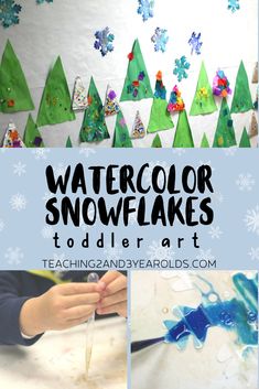 Add some fine motor to your winter art table with these easy watercolor snowflakes. They look lovely hanging in the classroom and at home! #toddlers #preschool #art #snowflakes #winter #watercolors #finemotor #decoration #snow #age2 #age3 #teaching2and3yearolds Pine Cone Crafts, Nature Crafts, Winter Theme Preschool