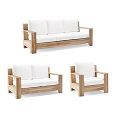 three pieces of wood furniture with white cushions on each couch and one set of chairs