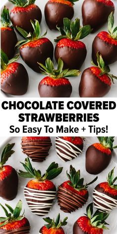 chocolate covered strawberries are arranged on a white plate with green leaves and strawberrys