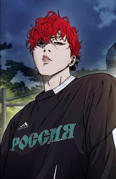 an anime character with red hair wearing a black shirt