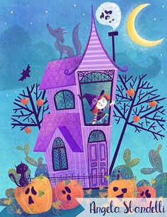 an illustration of a house with pumpkins on the ground and a cat in the window