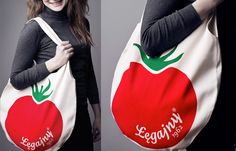 two pictures of a woman holding a bag with an image of a tomato on it