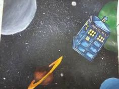an image of the tardish and other objects in space painted on a piece of paper