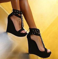 Chains Studded T Straps Women Sandals Wedge Heels Shoes for Summer 2368 - 39 / Black