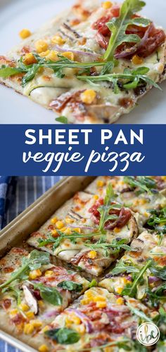 a sheet pan filled with veggie pizza on top of a blue and white checkered table cloth