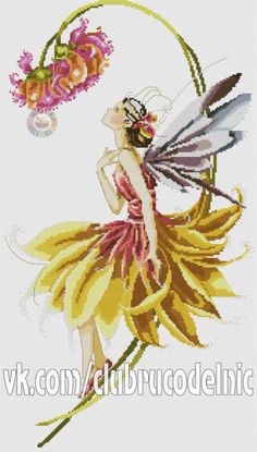 a cross stitched picture of a fairy with flowers on it's back and wings