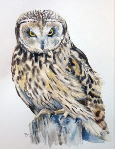 an owl sitting on top of a wooden post in front of a white wall with yellow eyes