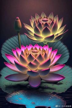 two pink and yellow lotuses floating on top of water